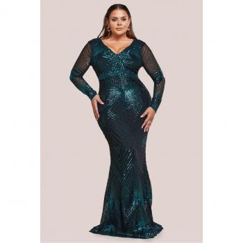 Goddiva Plus: Emerald Sequin Starburst Maxi Dress