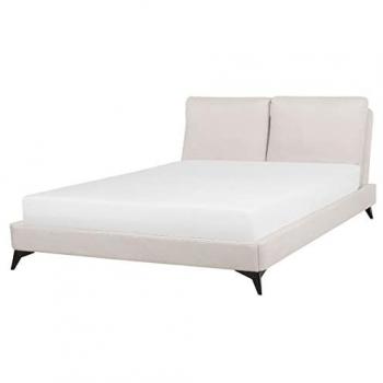 Lit Double en Tissu Chenille Beige 160 x 200 cm avec Tête de Lit Rembourrée et Base à Lattes