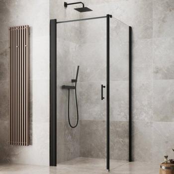MAW Flex PRO AP‑F100 – Schmale Eckdusche mit mattem schwarzen Bodenablauf