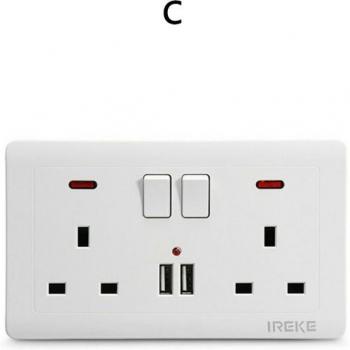 13A Double Wall UK Plug Socket with 2 USB Ports