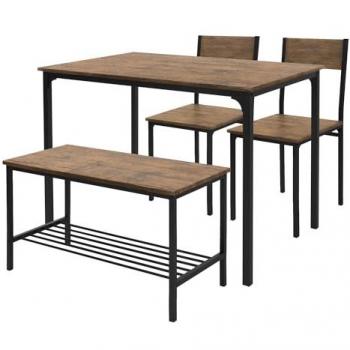 4-teiliges Esszimmer-Set mit rustikaler Eiche und Stahlrahmen, bestehend aus Tisch, 2 Stühlen und Bank