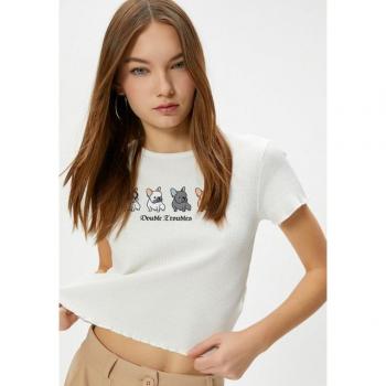 Koton Damen T-Shirt, Hunde-Print, Strukturierte Baumwolle, Kurzarm