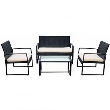 Set Giardino MAJORQUE 4 Persone Resina Nera + Cuscini Crema