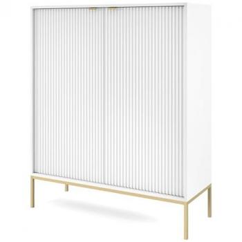 Salon chic : Commode deux portes VELLORE – 104 cm, blanc et accents dorés