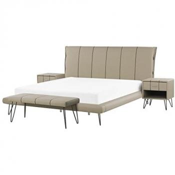 Beliani Lit Double 180x200 cm – Ensemble Simili-Cuir Beige – Design Minimaliste
