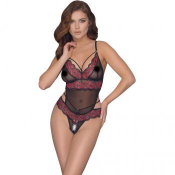 Black and red lace corset bodysuit