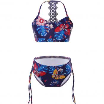 Costume de bain floral pour filles 4-14 ans, ensemble bikini avec haut sans manches et culotte réglable