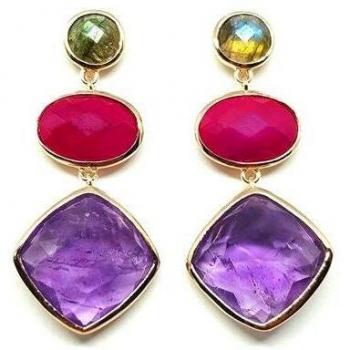 Pendientes Aloha de plata 0925 con piedras preciosas de labradorita, ágata fucsia y amatista