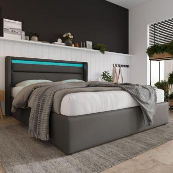 Lit Coffre Haute Technologie avec LED Colorée, Réglage Hydraulique, PU 300 kg – 140x200 cm, Gris