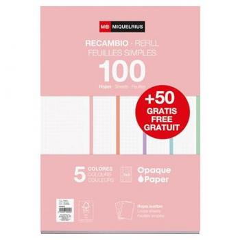 Hojas recambio A4 100+50 90g cuadricula 5x5 pastel