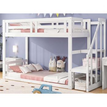 Litera Compacta para Niños 90x200 cm, Con Escalera y Somier de Láminas, Blanca