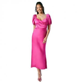 Oasis Women's Bright Pink Puff Sleeve Satin Dress