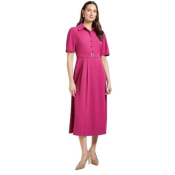 Refined Pink‑Hued Crepe Midi Dress with Belt – Size 16