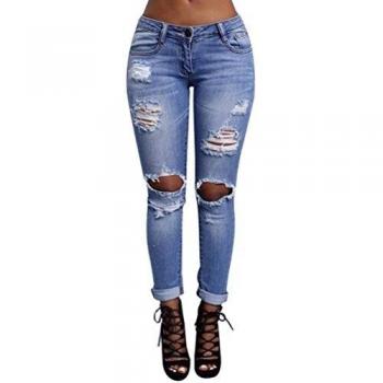 WanYang Femme Jeans Déchirés Rétro Taille Haute en Denim