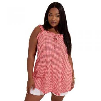 Red Tie-Neck Gingham Frill Camisette