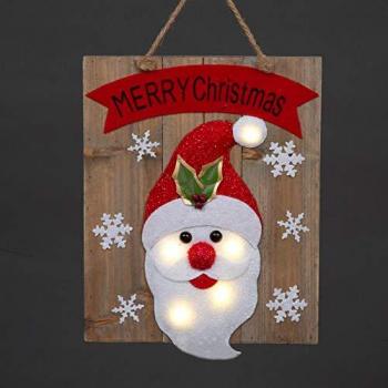 Battery Operated LED Wooden Santa Wall Decoration with Warm White Bulbs