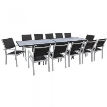 Table extensible Lagos en aluminium – 200/320 x 105 x 76 cm + 12 chaises, finition noire