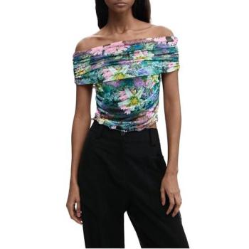 Desigual Women's Blue Floral Boat Neck Short Sleeve Shirt S
