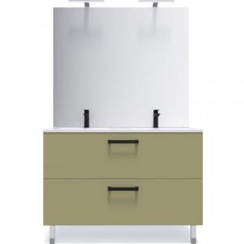 Chelsea Vert Olive – Meuble Suspendu double vasque 120 cm avec 2 tiroirs et Miroir