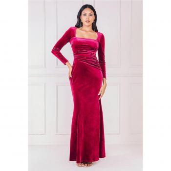 Goddiva Gathered Waist Velvet Maxi Dress in Burgundy