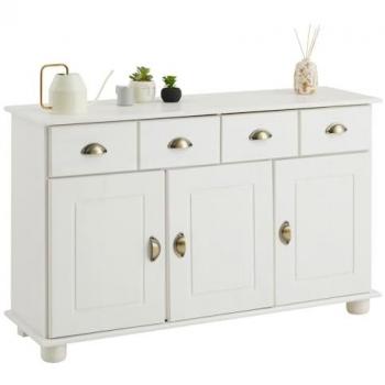 Buffet COLMAR commode bahut en pin massif lasuré blanc avec 2 tiroirs et 3 portes
