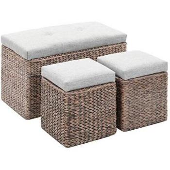 VidaXL 2-Piece Seagrass Grey Bench and Ottoman Set