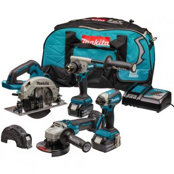 Makita Akku-Kombo-Kit 18V (DDF486+DTD153+DHS660+DGA504) inklusive 2 Akkus und Ladegerät in praktischer Transporttasche