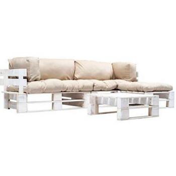 Set Canapés Jardin Bois, 4 Composants, Coussin Sable Inclus