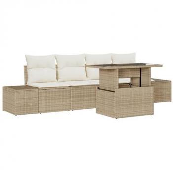 Sofà Set Garden 5 Pezzi, Cuscini Beige/Crema, Rattan