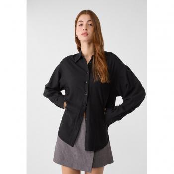 Langärmlige Leinenoptik-Bluse von Stradivarius – Schwarz XS