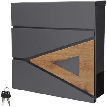 Buzón de Correo Moderno con Compartimento para Periódicos 37x36,5x11cm Acero Antracita Aspecto Madera Natural Bloqueable con 2 Llaves y Solapa de Cierre Total