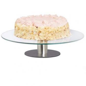 Rotating Cake Stand, Stainless Steel Base, Glass Serving Tray, 30 cm, Transparent