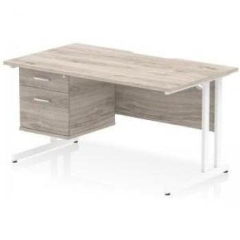Impulse 1400x800 Scalloped Edge Office Desk – Grey Oak Top with White Cantilever Legs and Two Drawers, Fixed Pedestal
