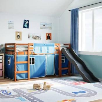 Cama Alta para Criança com Cortinas 90x190 cm em Madeira de Pinho Azul