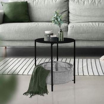 Table d'appoint ronde Ø 43 cm, métal noir, avec panier de rangement en tissu