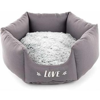 Corbeille pour chien octogonale douce et confortable avec coussin amovible chaud à poils et inscription Love (gris 50cm)