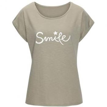 Beachtime Damen Shirt „Smile“ – weiche Baumwollqualität, Gr. 44/46, Khaki