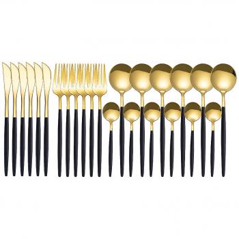 Set de vaisselle et couverts en acier inoxydable – 24 pièces, finition noire