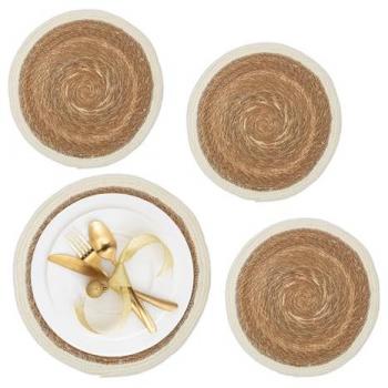 Rundes Platzset Set, 4er Coaster, Tischdeko, Tischschutz, Ø 36 cm, Wasserhyazinthe Material, Natur/Weiß