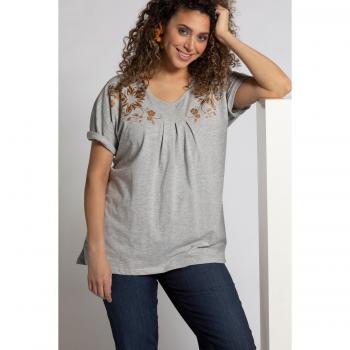 Plus Size Shimmer V-Neck Pleat Tee, Women's Oversized, Grey, Size 20/22, Cotton