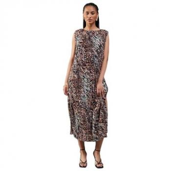 Animal Print Plisse Midi Dress with Shoulder Pads for Women
