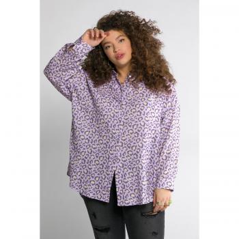 Blusa oversize con stampa leopardata, colletto da camicia, maniche lunghe, Donna, Viola, Taglia 56/58, Cotone