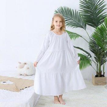 Girls’ White Pleated Long‑Sleeve Bedtime Gown – Spring Collection