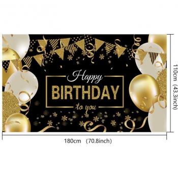 Happy Birthday Photo Booth Backdrop Banner in Black and Gold