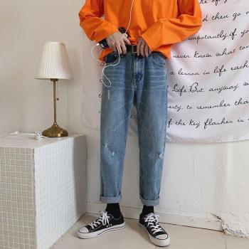 Jeans droit « Printemps‑Automne Populaire » – Bleu Déchiré