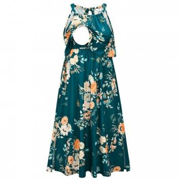 2022 Floral Maternity Nursing Dress Sleeveless Green