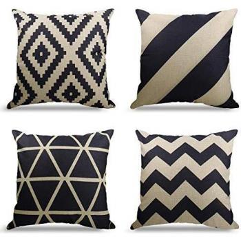 WEYON Set of 4 Decorative Square Cushion Covers, Geometric Pattern, Cotton Linen
