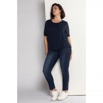 Blusa in chiffon blu con scollo a girocollo, mezze maniche, taglia 64/66, donna