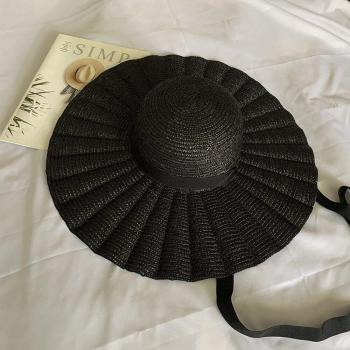 Black Wide Brim Straw Hat with Ribbon for Women