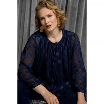 Ulla Popken Women's 20/22 Plus Size Blue Applique Blouse – Semi-Sheer, Round Neck